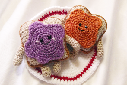 Crochet Peanut Butter and Toast Custom cute handmade breakfast PB jar amigurumi yarn food decoration gift pretend handmade happy