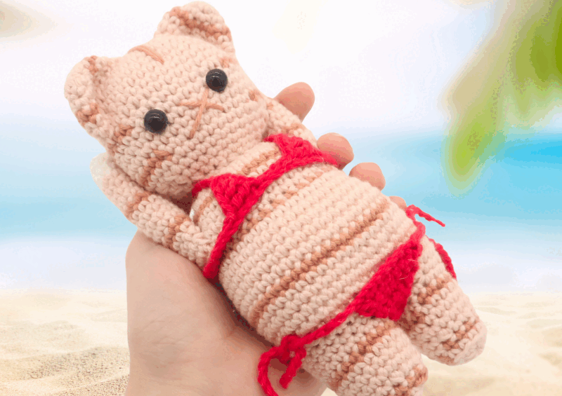 Free amigurumi crochet pattern tubby tabby cat sunbathe swimsuit bikini